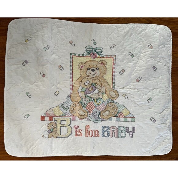 Janlynn Cross Stitched Finished "B is for Baby" Bear Quilt Blanket 31" X 40" VTG - Picture 2 of 5